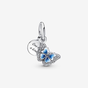 Pandora Blue Butterfly & Quote Double Dangle Charm Sterling Silver | 21394-QPLM