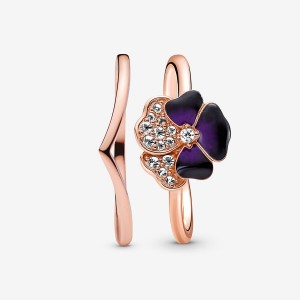 Pandora Deep Purple Pansy Flower Wishbone Ring Set | 93064-XVEF