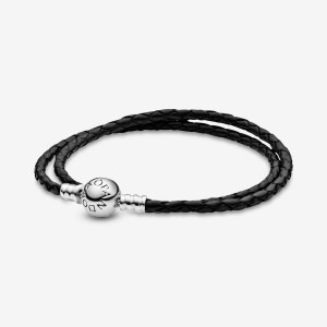 Pandora Moments Double Black Leather Bracelet Sterling Silver | 37821-VWYE