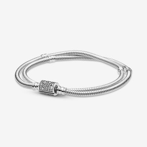 Pandora Moments Double Wrap Barrel Clasp Snake Chain Bracelet/Necklace Sterling Silver | 61753-HEOB