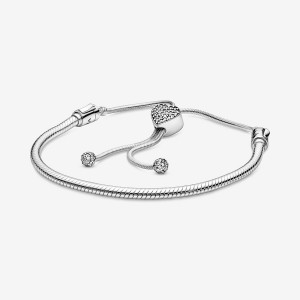 Pandora Moments Pavé Heart Clasp Snake Chain Slider Bracelet Sterling Silver | 23817-POVR