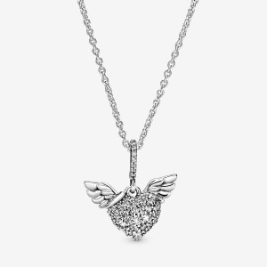 Pandora Pavé Heart and Angel Wings Necklace Sterling Silver | 79104-ISUQ