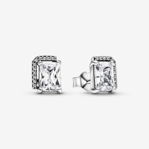 Pandora Rectangular Sparkling Halo Stud Earrings Sterling Silver | 27538-ACFY