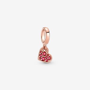 Pandora Red Pavé Tilted Heart Dangle Charm Rose Gold Plated | 93728-WAYP