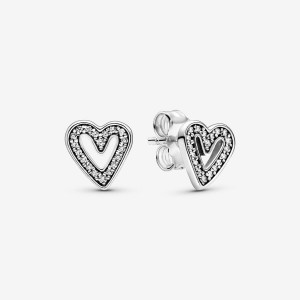 Pandora Sparkling Freehand Heart Stud Earrings Sterling Silver | 70298-VJPB