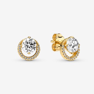 Pandora Sparkling Round Halo Stud Earrings Gold Plated | 95476-CJNS