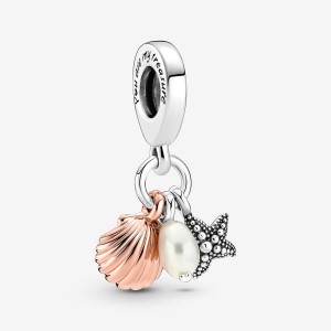 Pandora Treated Freshwater Cultured Pearl, Starfish & Shell Triple Dangle Charm Two-tone | 04297-HMKX