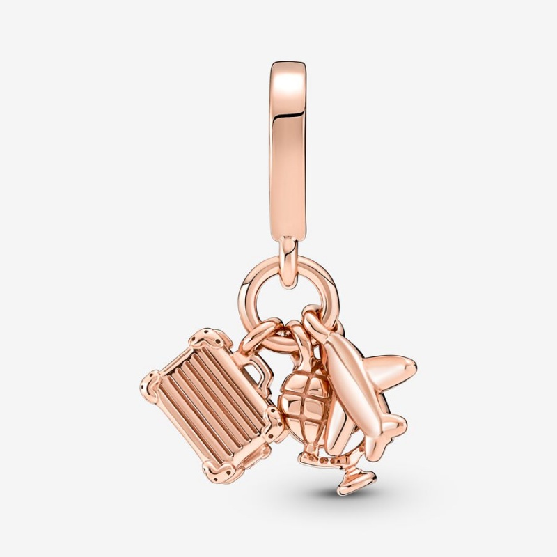 Pandora Airplane, Globe & Suitcase Triple Dangle Charm Rose Gold Plated | 10543-YHAW