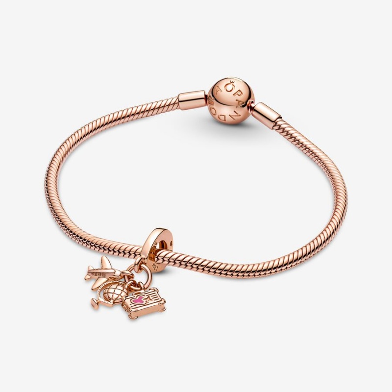 Pandora Airplane, Globe & Suitcase Triple Dangle Charm Rose Gold Plated | 10543-YHAW