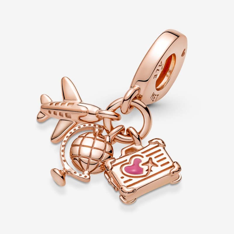 Pandora Airplane, Globe & Suitcase Triple Dangle Charm Rose Gold Plated | 10543-YHAW