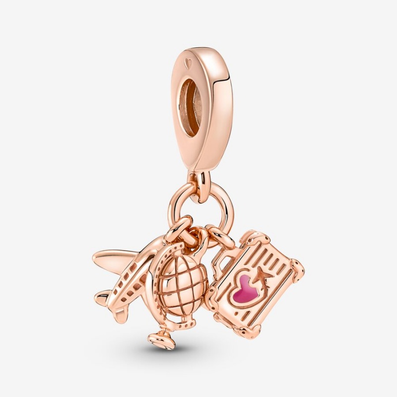 Pandora Airplane, Globe & Suitcase Triple Dangle Charm Rose Gold Plated | 10543-YHAW