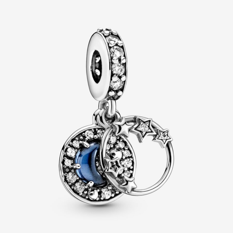 Pandora Blue Night Sky Crescent Moon & Stars Dangle Charm Sterling Silver | 41298-ZGYL