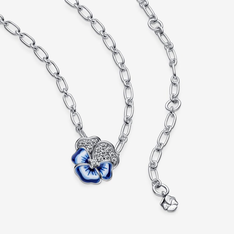 Pandora Blue Pansy Flower Pendant Necklace Sterling Silver | 49213-VHQO