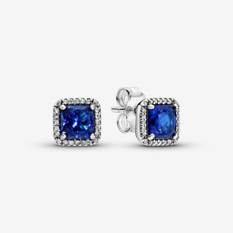 Pandora Blue Square Sparkle Halo Stud Earrings Sterling Silver | 43768-JSVY