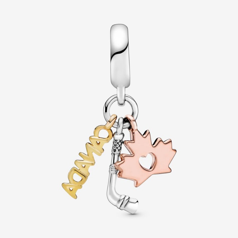 Pandora Canada, Maple Leaf & Hockey Stick Dangle Charm Pandora Rose & Shine | 13960-IGMU