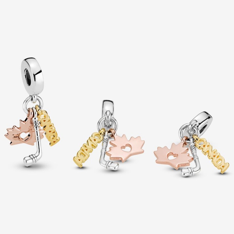 Pandora Canada, Maple Leaf & Hockey Stick Dangle Charm Pandora Rose & Shine | 13960-IGMU