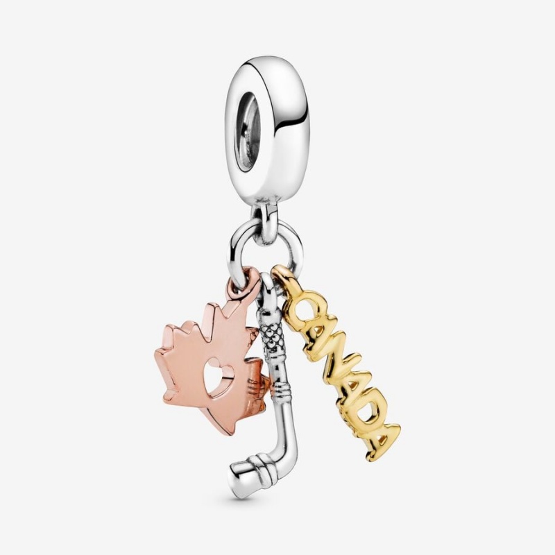 Pandora Canada, Maple Leaf & Hockey Stick Dangle Charm Pandora Rose & Shine | 13960-IGMU