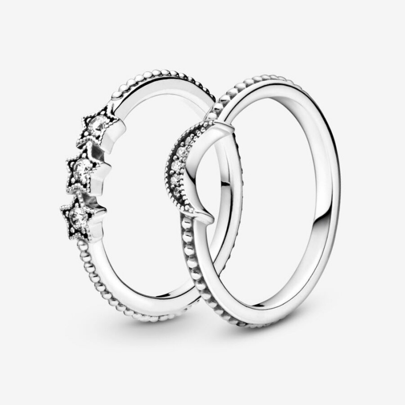 Pandora Celestial Moon & Stars Ring Set Sterling Silver | 73840-CZIB