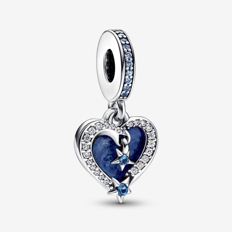 Pandora Celestial Shooting Star Heart Double Dangle Charm Sterling Silver | 38201-TXDB