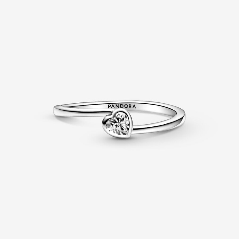 Pandora Clear Tilted Heart Solitaire Ring Sterling Silver | 48619-EWCD