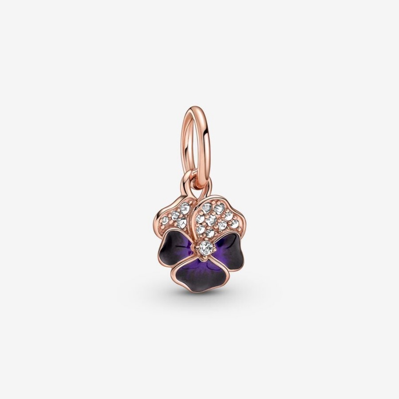 Pandora Deep Purple Pansy Flower Dangle Charm Rose Gold Plated | 24086-JODC