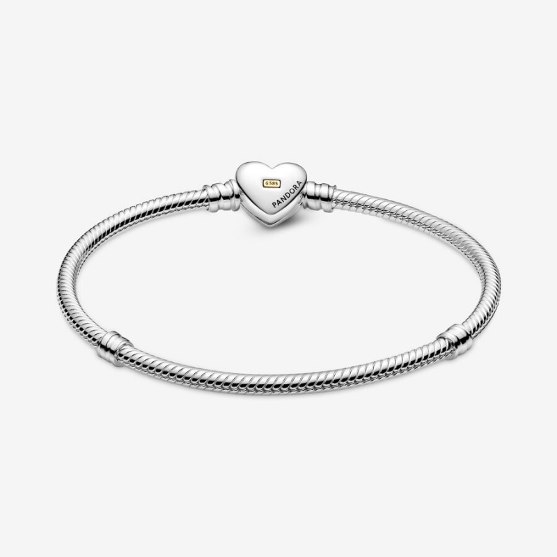 Pandora Domed Golden Heart Clasp Snake Chain Bracelet Two-tone | 46723-AZRE