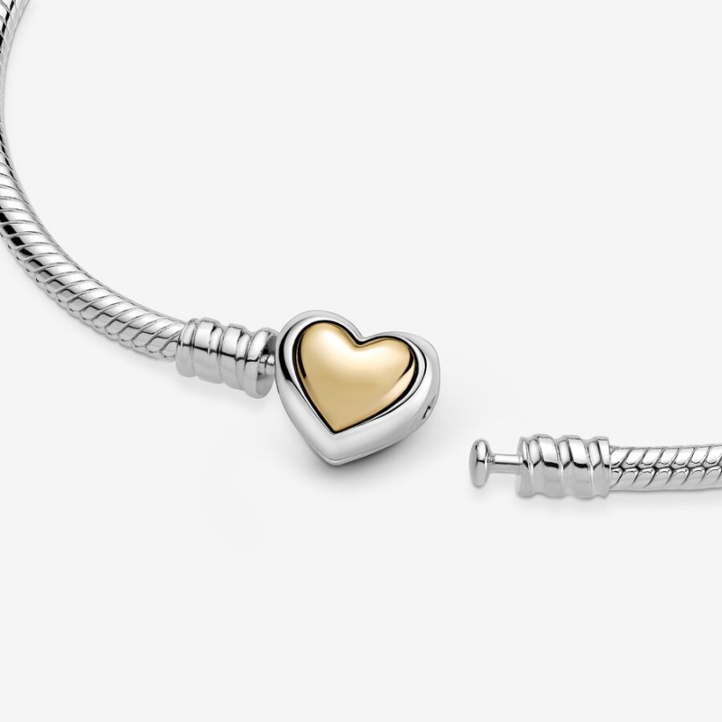 Pandora Domed Golden Heart Clasp Snake Chain Bracelet Two-tone | 46723-AZRE