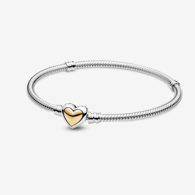 Pandora Domed Golden Heart Clasp Snake Chain Bracelet Two-tone | 46723-AZRE