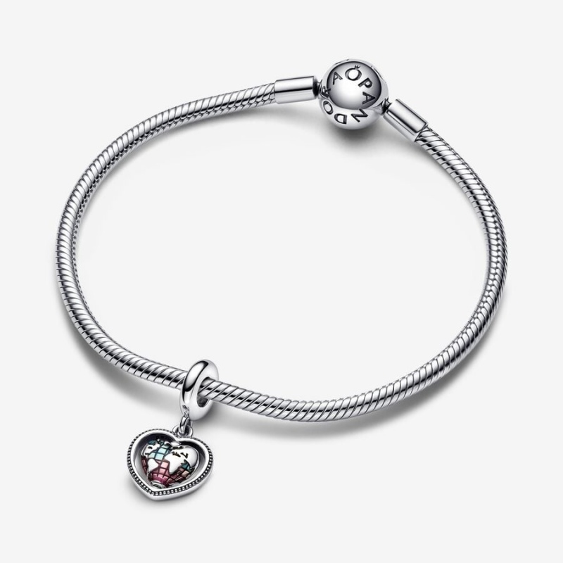 Pandora Family Spinning Heart Globe Dangle Charm Sterling Silver | 75034-YZMP