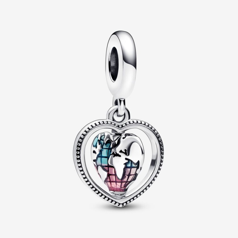 Pandora Family Spinning Heart Globe Dangle Charm Sterling Silver | 75034-YZMP