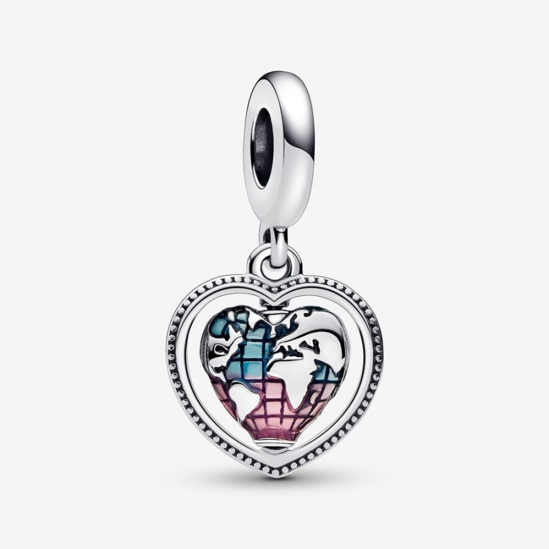 Pandora Family Spinning Heart Globe Dangle Charm Sterling Silver | 75034-YZMP