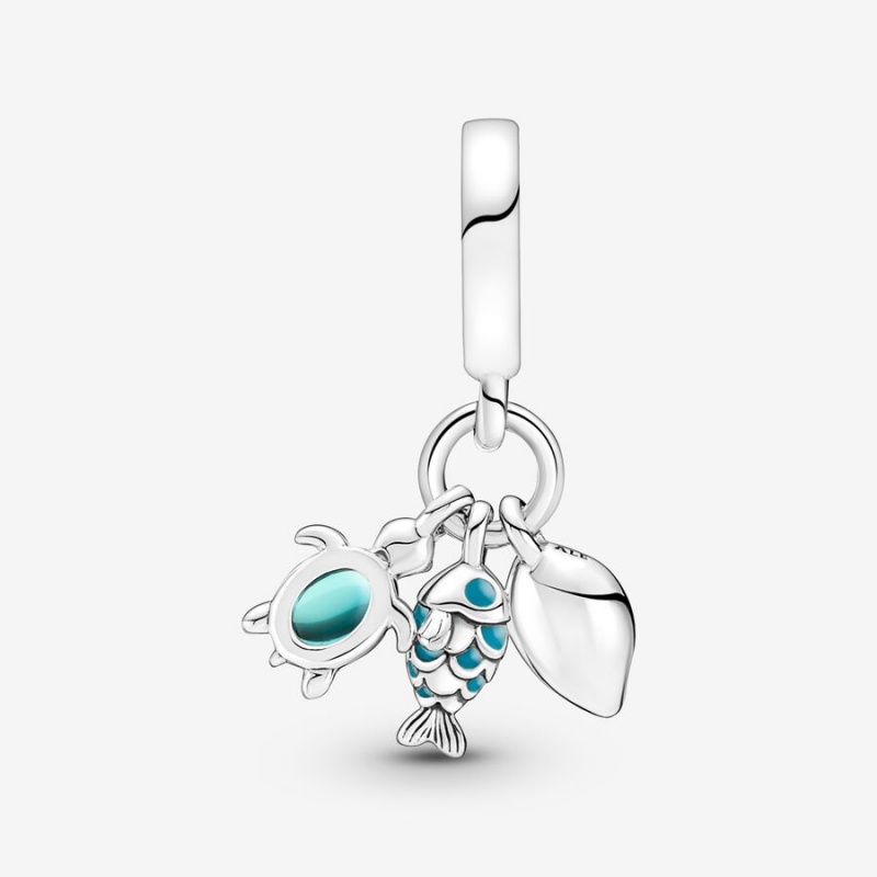 Pandora Fish, Sea Turtle & Conch Triple Dangle Charm Sterling Silver | 74362-KPLT