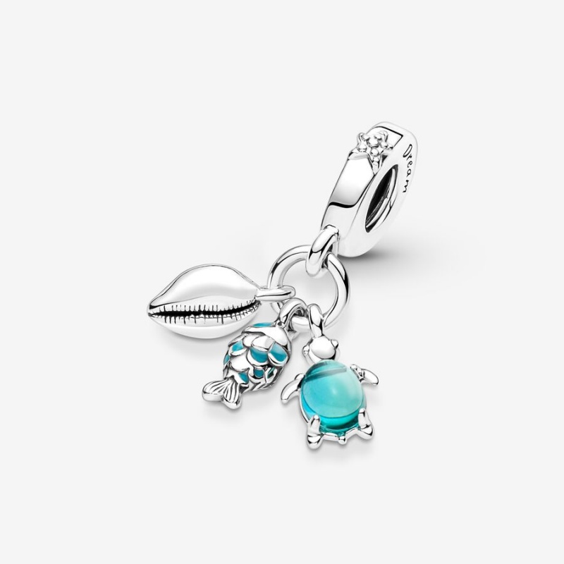 Pandora Fish, Sea Turtle & Conch Triple Dangle Charm Sterling Silver | 74362-KPLT