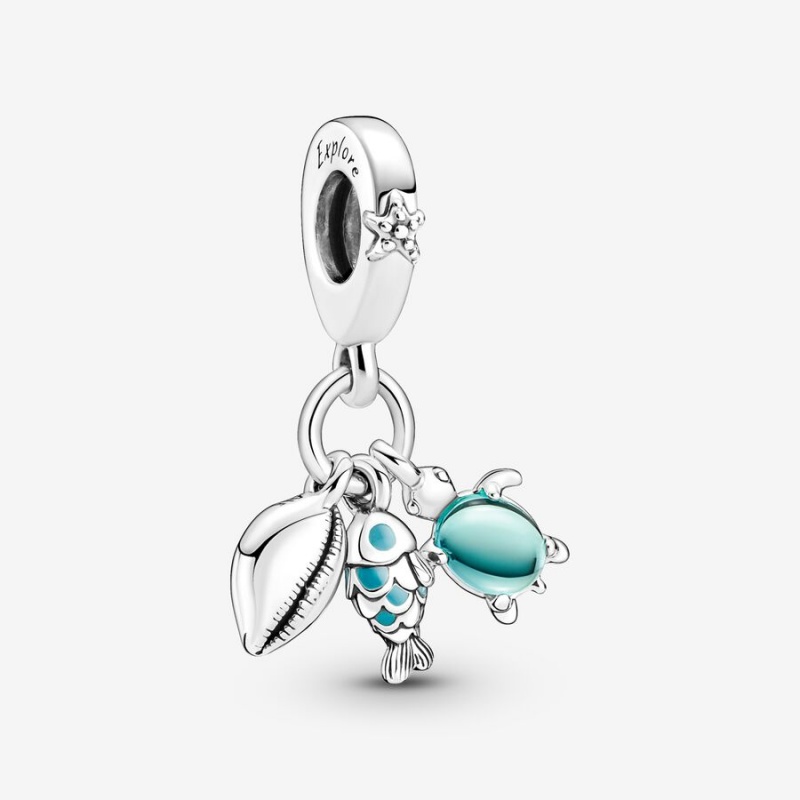 Pandora Fish, Sea Turtle & Conch Triple Dangle Charm Sterling Silver | 74362-KPLT