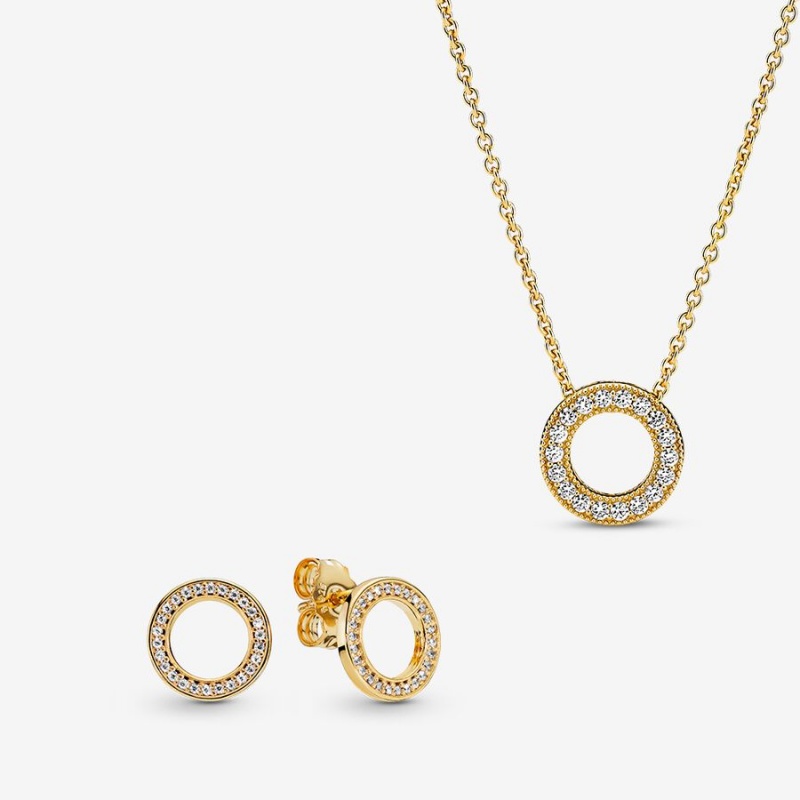 Pandora Golden Pavé Circle Necklace and Earring Set | 43721-HQPX