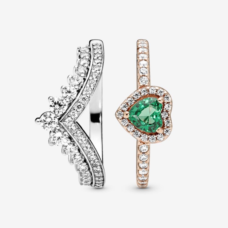 Pandora Green Heart Princess Wishbone Stacking Ring Set | 36850-RONZ