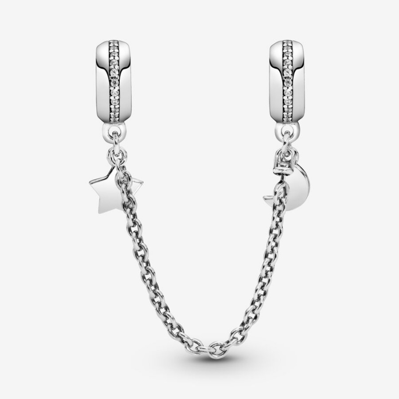 Pandora Half Moon and Star Safety Chain Charm Sterling Silver | 71869-KZMP