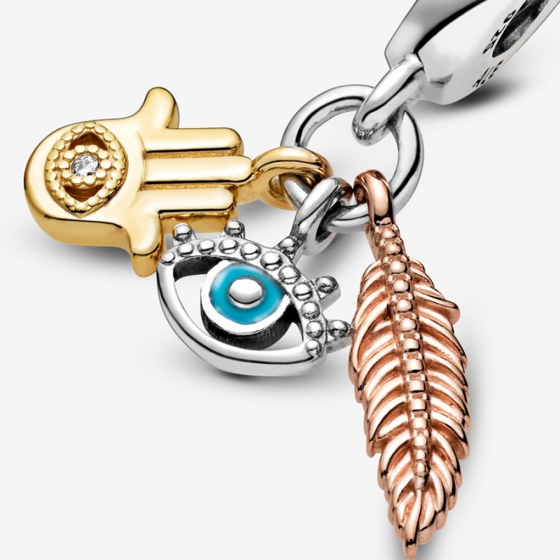 Pandora Hamsa, All-seeing Eye & Feather Spirituality Dangle Charm Tri-tone | 48307-LUFM