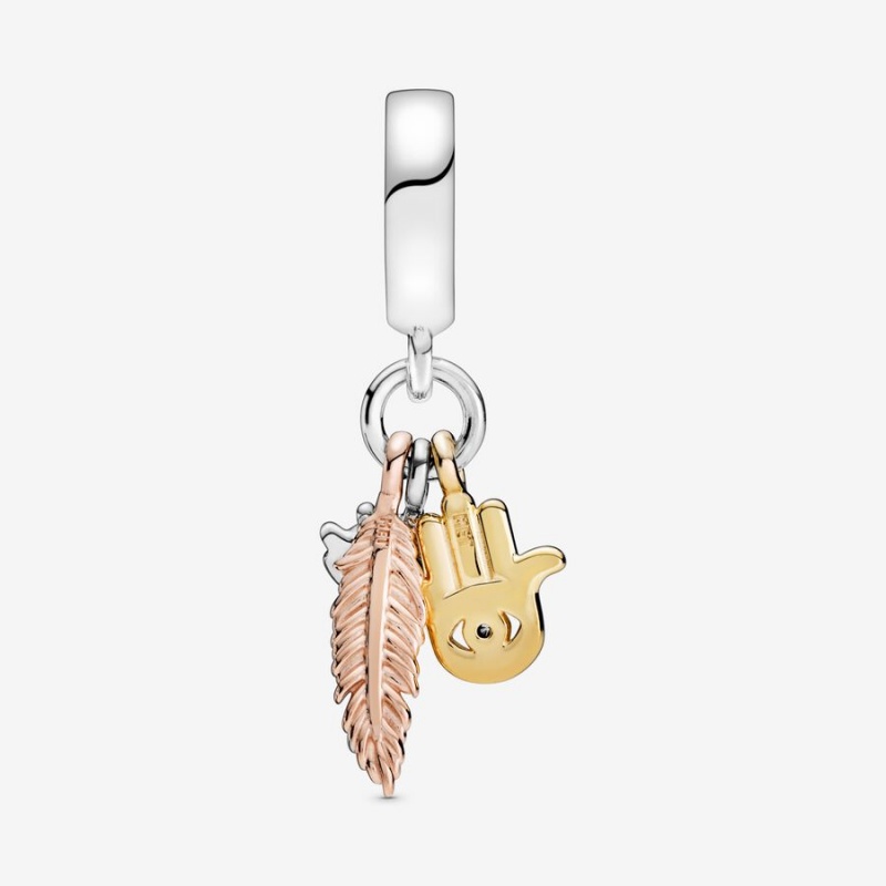 Pandora Hamsa, All-seeing Eye & Feather Spirituality Dangle Charm Tri-tone | 48307-LUFM