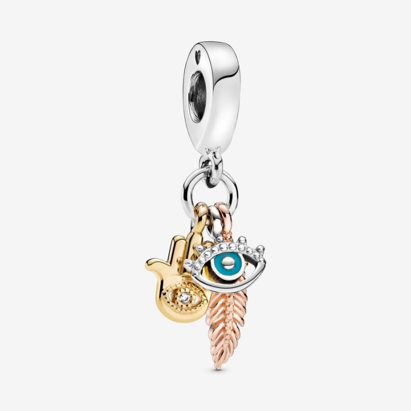 Pandora Hamsa, All-seeing Eye & Feather Spirituality Dangle Charm Tri-tone | 48307-LUFM