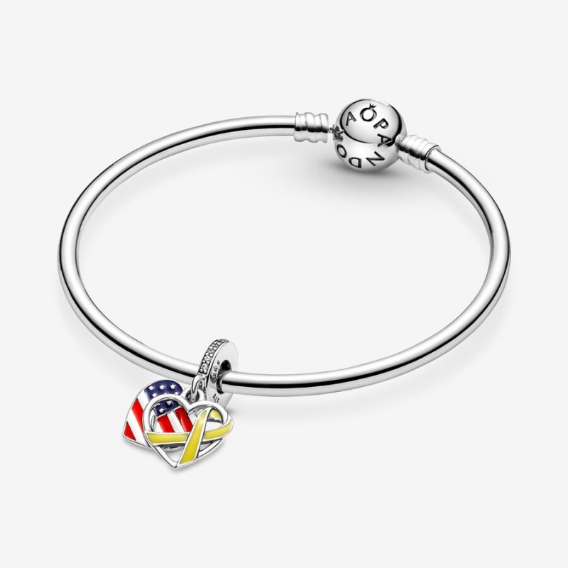 Pandora Heart, Flag & Remembrance Ribbon Double Dangle Charm Sterling Silver | 07524-LJPT