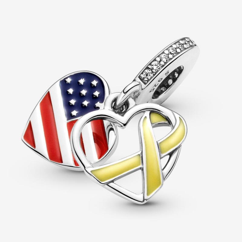 Pandora Heart, Flag & Remembrance Ribbon Double Dangle Charm Sterling Silver | 07524-LJPT