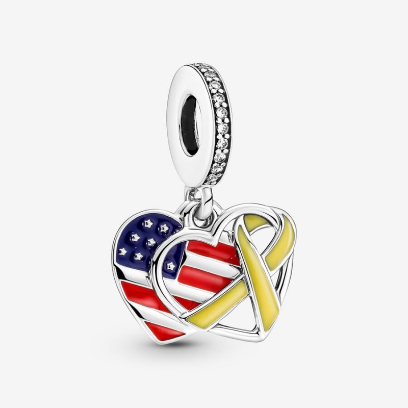 Pandora Heart, Flag & Remembrance Ribbon Double Dangle Charm Sterling Silver | 07524-LJPT