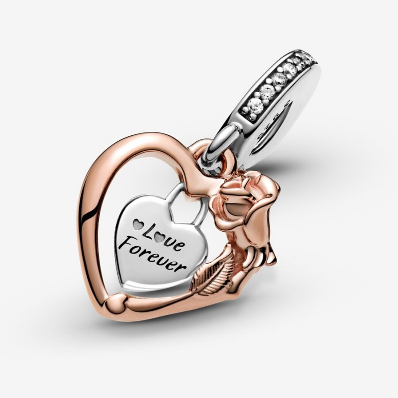 Pandora Heart & Rose Flower Dangle Charm Two-tone | 51630-UWEQ