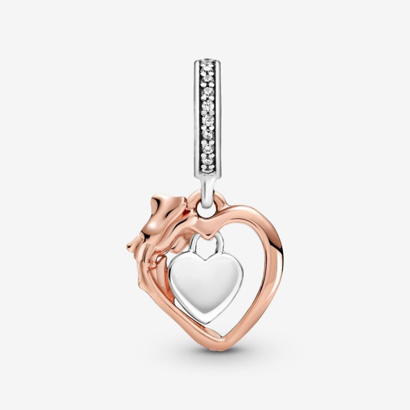 Pandora Heart & Rose Flower Dangle Charm Two-tone | 51630-UWEQ