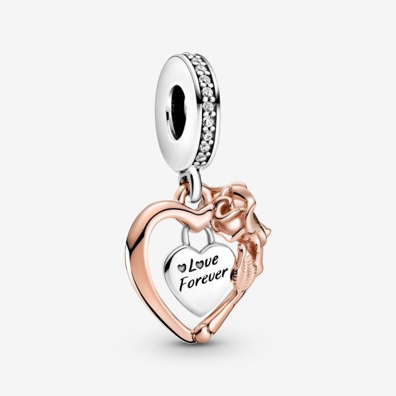 Pandora Heart & Rose Flower Dangle Charm Two-tone | 51630-UWEQ