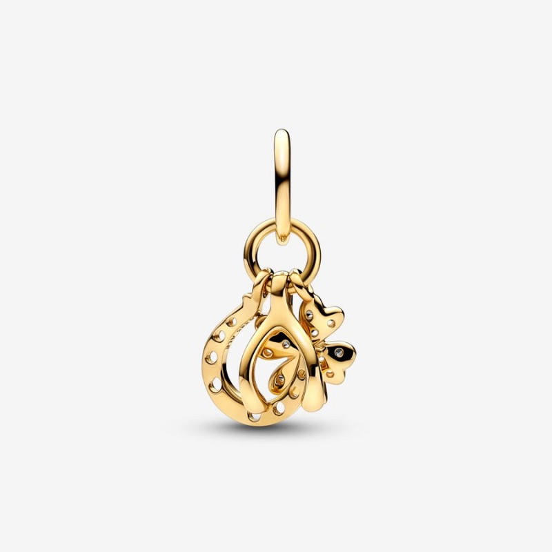 Pandora Lucky Clover, Wishbone & Horseshoe Dangle Charm Gold | 59834-FSIB