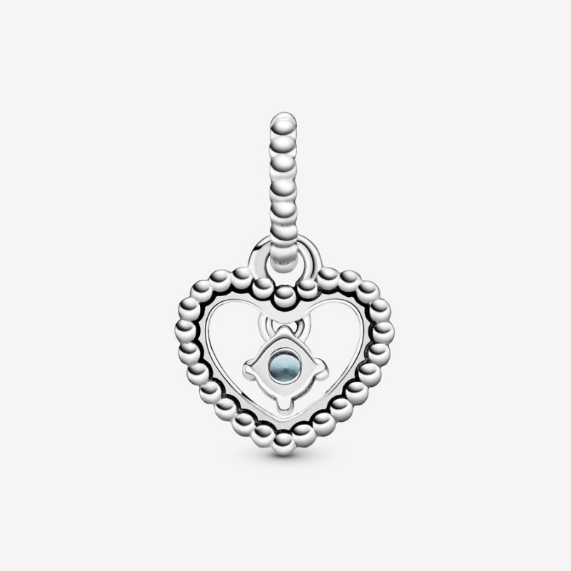 Pandora March Aqua Blue Beaded Heart Dangle Charm Sterling Silver | 62845-TDIG