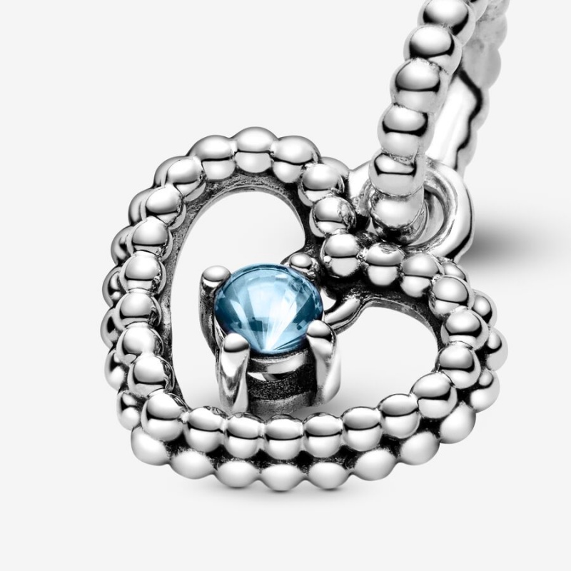 Pandora March Aqua Blue Beaded Heart Dangle Charm Sterling Silver | 62845-TDIG