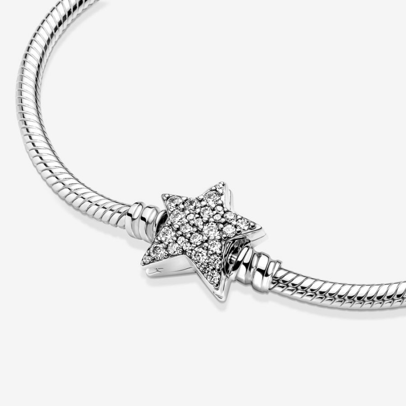 Pandora Moments Asymmetric Star Clasp Snake Chain Bracelet Sterling Silver | 21590-DGBA